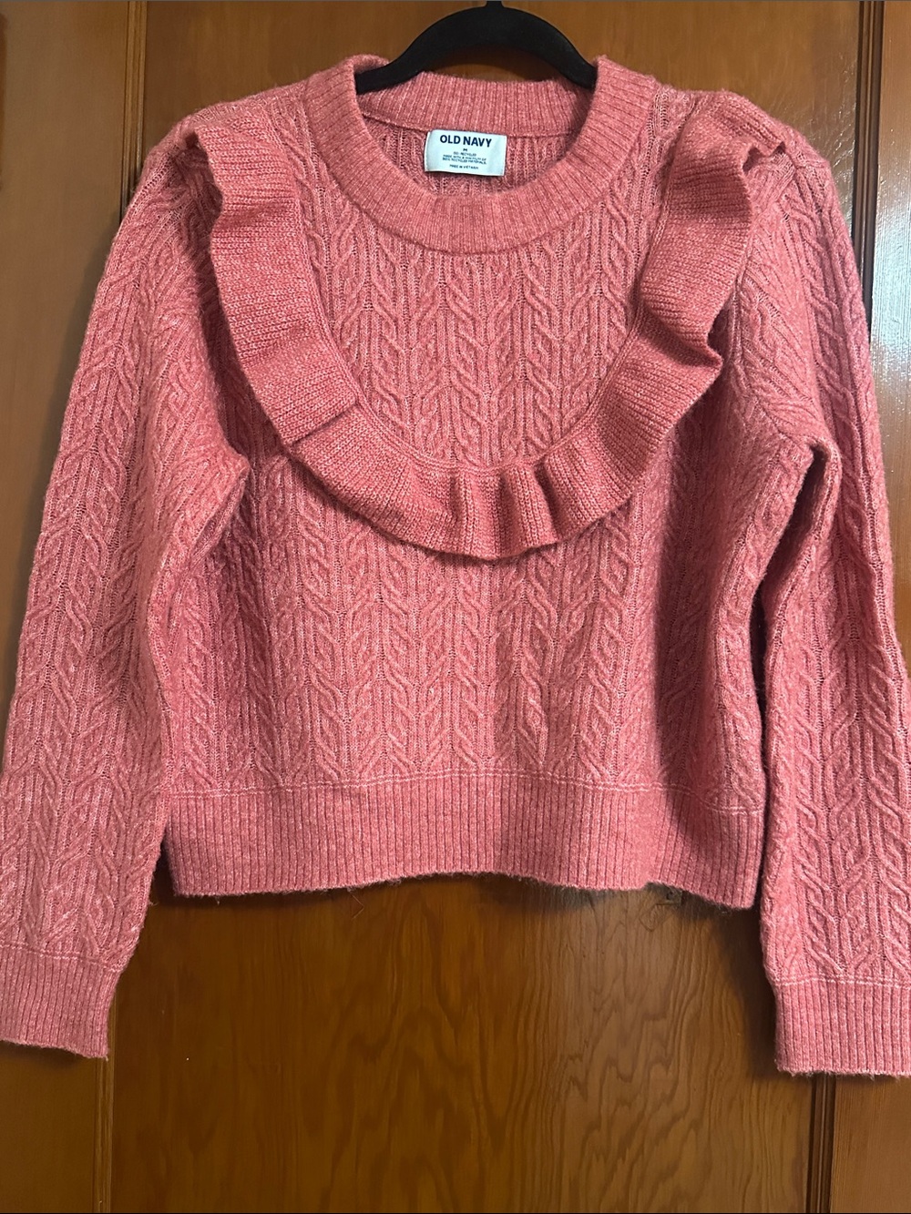 Old Navy Coral Pink Ruffle Cable-Knit Crew Sweater